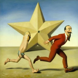 feet running away from their master with star shaped building. painting by bosch, salvador dali, moebius