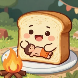 a smore sandwich, anthropomorphic, with face and mouth, 4 k, cooking a human being, cartoon, by a campfire, trending on pixiv 4