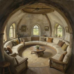 painting of an interior of a hidden, cozy ring - shaped living quarters overlooking the great room, well maintained, clean, medieval, fantasy genre, natural light, fantasy, natural light, concept art, by greg rutkowski and craig mullins, cozy atmospheric and cinematic lighting, trending on artstation