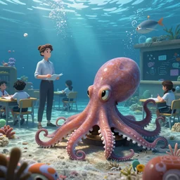 underwater school with octopus teacher, unreal engine render concept art