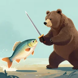 a fish having a sword fight with a bear