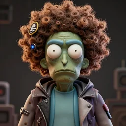rick and morty fused with a lovecraft fat space zombie wearing a exploding wig and a pirate patch, laser eye, photo, portrait, 3 d, high details, intricate details, by vincent di fate, artgerm julie bell beeple, 9 0 s, smooth gradients, octane render, 8 k, volumetric lightning, high contrast, duo tone, depth of field, very coherent symmetrical artwork