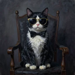 a cat sitting in a chair wearing a pair of sunglasses, made by tim burton and keith thomson, painting, creepy, dark