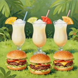 painting of 3 pina coladas in hurricane glasses ands 3 home made hamburgers in a garden, mountains in background, golden hour, cinematic lighting, in the style of van gogh and claude monet