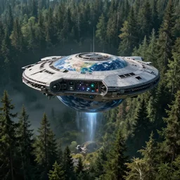 military intelligence photograph of interdimensional spacecraft harvesting earth for its resources near a dense forest, artist rendition, high detail, dystopian landscape with dramatic lighting