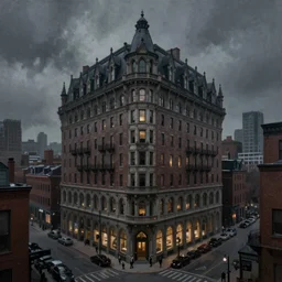 ultra - realistic painting gothic 1 9 2 0 s 1 0 - storey hotel in downtown boston overlooking a dark street, atmospheric lighting, gloomy, foreboding