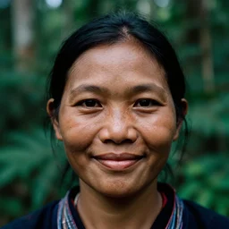 a ultra high resolution close - up of asian woman from tai tribe in lush green forest. photo from the front. woman is smiling and has eye contact with the camera. face is clear and symetrical. the light is dim, and the colours are muted. kodak etkar 1 0 0.