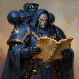 painting of a cloaked tech priest reading old scriptures about long lost forgotten knowledge, adeptus mechanicus, cybernetic enhancements, zdzislaw beksinski, lewis jones, dariusz zawadzki, wayne barlow, warhammer 4 0 k, cold hue's, warm tone gradient background, concept art, digital painting