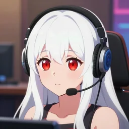 high quality portrait of a cute red eyed girl with long white hair wearing a headset in her room interior. art by yoh yoshinari makoto shinkai ilya kuvshinov, crunchyroll, pixiv, danbooru, hd, headshot, cinematic still, anime face!!!, bokeh, digital art, cel shading, vivid colors, ambient lighting, 4 k