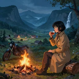 Panoramic photograph on a girl from Final Fantasy live action, with short black hair and green eyes in a tan trenchcoat sitting on a log and drinking tea by the campfire by her motorrad at night, ray tracing, large landscape with village, beautiful, mountains, waterfalls, award winning, masterpiece digital painting by Greg Rutkowski, Alex Grey, artstation, 4k wallpaper, Jakub Rozalski