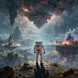 a lonely astronaut overlooking at an amazing alien landscape, digital art, breathtaking, extremely detailed, establishing shot, hyperrealistic, dynamic lighting, particles, unreal engine, simon stålenhag, rendered by Beeple, Makoto Shinkai, syd meade, simon stålenhag, Ruan Jia, Kentaro Miura, environment concept, trending on artstation, octane render, 4K UHD image