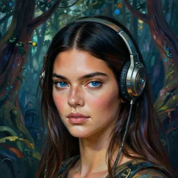 realistic detailed face portraitphoto of the beautiful kendall jenner with long hair with sci-fi headwear, futuristic sci-fi forest on background by Jean Delville, Amano, Yves Tanguy, Alphonse Mucha, Edward Robert Hughes, Roger Dean, rich moody colours, blue eyes