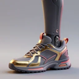 realistic 3 d render of a sculpture of a cyberpunk android foot wearing sneakers, beautiful studio lighting, soft, sharp focus, neon cyberpunk highlights, intricate detail, gold and red accents, soft rubber, octane render, side view, trending on artstation, deviantart, art by syd mead and issey miyake