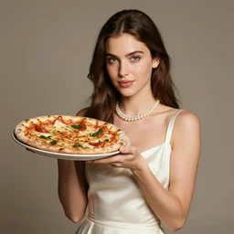 portrait of a young queen holding up a pizza to the camera, pearl necklace, silk dress, soft lighting, sharp focus, neutral background, masterpiece, photo by jimmy nelson, letizia vestrucci