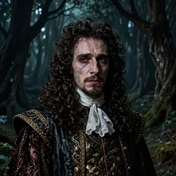 portrait of mournful, mischievous, dangerous James Frain's  Cromwell as a king of the fairy forrest. The background is a dark, creepy eastern europen forrest.  night, horroristic shadows, high contrasts, photorealistic, detailed, (((lumnious))), theatrical, character concept art by ruan jia, thomas kinkade, and J.Dickenson, trending on Pinterest