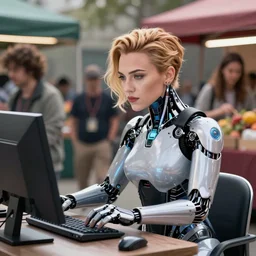 cyberpunk scarlett johansson cyborg working on cyberpunk computer in cyberpunk farmers market by william barlowe and pascal blanche and tom bagshaw and elsa beskow and enki bilal and franklin booth, neon rainbow vivid colors smooth, liquid, curves, very fine high detail 3 5 mm lens photo 8 k resolution