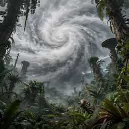 A realistic detailed photo of a hurricane, futuristic jungle, alien plants, grey sky, hidden animals, some fallen trees, foggy landscape, light particles, detailed light, realistic shaders, trending on artisation, detailed textures, detailed, realistic