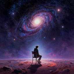 alone on a chair at the end of time. cosmic digital art pastelpiece masterpiece trending on artstation by noel fielding, beeple, james gunn, gorillaz, marvel studios and dr seuss. hyper detailed portrait with 4 k macrolens, curated by beeple, unreal engine, art station and emmy winning gorillaz.