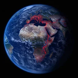 a picture of planet earth with red lava rivers all over the surface, circular planet, taken from orbit, dark blue planet, red narrow lava rivers, astronomical imaging