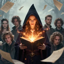 fantasy woman witch magician in hood holds in hands magic book, bright orange light spells, wind scatters fall sheets, by nuri iyem, james gurney, james jean, greg rutkowski, anato finnstark, perfect faces, front view