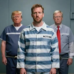 portrait of Alex Jones wearing prison clothes and Donald trump wearing prison clothes and in a prison jail cell behind bars, Greg rutkowski , craig mullins, vibrant color, cinematográfica, digital Art, trending on artstation, octane