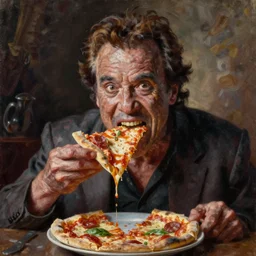 Oil painting by Christian Rex Van Minnen of a portrait of an extremely bizarre disturbing mutated steven seagal who is eating pizza, with intense chiaroscuro lighting very detailed insanely creepy perfect composition