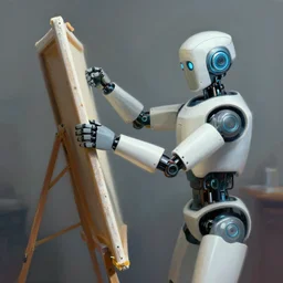 robot stealing canvas from a human, digital painting
