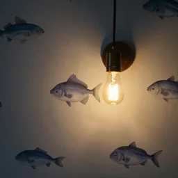 blowfish wallpaper on wall, closeup design house mason pedant lamp with edison lightbulb hanging from wall with blowfish wall paper background, low light setting, dim lighting,
