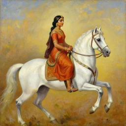 a painting of a woman riding a white horse, an oil on canvas painting by raja ravi varma, featured on deviantart, qajar art, detailed painting, oil on canvas, acrylic art