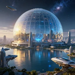 cyberpunk city, lake, spacecrafts, futuristic, giant glass dome in space, golden hour, light diffusion, galaxy, stars, hyperrealistic, award winning, highly detailed, photography, blue, glass, extremely wide angle