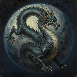 A majestic gothic planetary dragon, by Utagawa Kuniyoshi, by Greg Rutkowski, masterpiece, oil on canvas, trending on artstation, top on pixiv, cinematic composition, dramatic scene, beautiful lighting, aesthetic!, concept art, sharp, high details, astrophotography, no frames, 8K