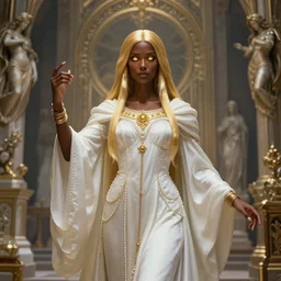 Full portrait of a Cleric Lady, pearl white robes with golden details, beautiful, detailed face, dark brown skin, supernatural golden eyes, golden straight hair, bracelets, floating, spellcasting, statues and an altar filling the background, SINGLE CHARACTER!, highly detailed, high fantasy, dnd, d&d, dungeons and dragons, smooth, sharp focus, no extra characters, digital illustration, by Krenz Cushart and Artem Demura and alphonse mucha, artstation, HD, 4K, midjourney