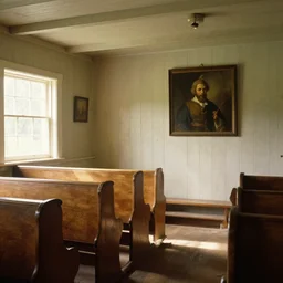 sunday morning in a simple wooden paneled small amish shaker style cottage family chapel, bench pews, light streaming in, art by anders zorn, wonderful masterpiece by greg rutkowski, beautiful cinematic light, american romanticism thomas lawrence, greg rutkowski