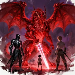 a sketch of a powerful old dragon passing it's powers on to a little human boy, red instead of white light, by greg rutkowski and makato shinkai, dragon, future black knight, by melmoth zdzislaw belsinki craig mullins yoji shinkawa, red light, semi realistic render, anime, paint smears digital art, realistic anime, dramatic lighting, red light, dark purple highlights, d & d design, holding a sword made out of light