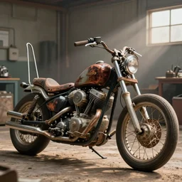 a Close up photograph of a rusty 1950's Harley Davidson chopper in a dusty repair shop, soft lighting, crepuscular rays, realistic octane render, 8k, ultra detailed, concept art