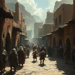 a happy crowded pueblo goblin street, adobe walls, medium shot, atmospheric fantasy matte painting by eytan zana and ruan jia and boris vallejo, trending on artstation