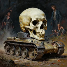 oil painting of 1 9 7 8 world infecting skull tank with chewed useless sideview treads, purest evil, by alberto bontempi, by francesco blanc 1 9 7 1, richard m powers landscape, wayne d barlowe, mike ploog, horror by enric torres, by jack gaughan, simon bisley & boris vallejo, hyper realism, dark terror lighting,