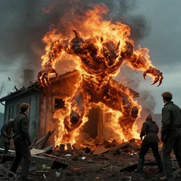 the fiery creature, crushes a cabin, film still from the movie directed by denis villeneuve and david cronenberg with art direction by bernie wrightson, ed emshwiller, tim hildebrandt and tim white