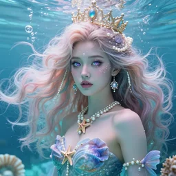 “ sandra oh portrait, fantasy, mermaid, hyperrealistic, game character, underwater, highly detailed, sharp focus, cinematic lighting, pearls, glowing hair, shells, gills, crown, water, highlights, starfish, jewelry, realistic, digital art, pastel, magic, fiction, ocean, king, colorful hair, sparkly eyes, fish, heroic, goddess, waves, bubbles, queen ”