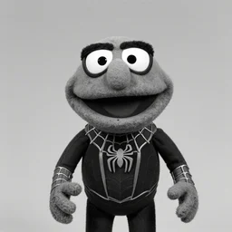 black and white photo of a muppet of spider-man