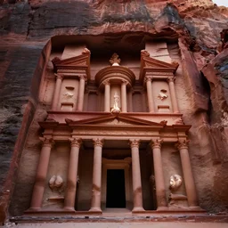 A beautiful low angle matte painting looking up at the lost palace of petra with white flames illuminating the ruins of forgotten souls, atmospheric, low angle, mysterious, cinematic, intricate, ultra detailed, featured on artstation