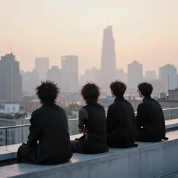 a small rooftop with a couple of people sitting and watching the view, wearing black modern clothes, designed by rick owens, messy short hair, modern shanghai bund in smog is on the background, sunset, pale colors, by gregory crewdson