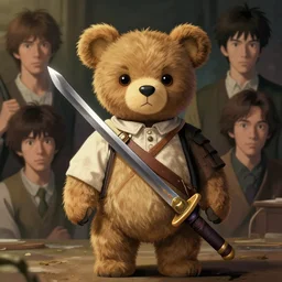 a warrior teddy bear with a sword, illustrated by miyazaki by karol bak, james jean, tom bagshaw, rococo, sharp focus, trending on artstation, cinematic lighting