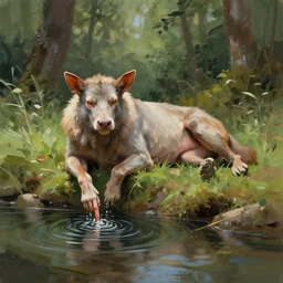 a satyr lounging next to a river with one finger in the water, in the forest, digital painting, rough brushstrokes