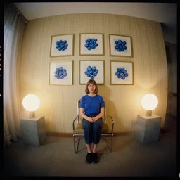 kodak portra 4 0 0, wetplate, 8 mm extreme fisheye, award - winning colour portrait by britt marling : a 1 9 6 0 s room, blueberry, square square picture frames, striped wallpaper, haze, concrete, shining lamps, 1 9 6 0 s metal furniture, fog, smoke, no people