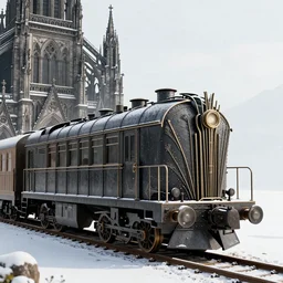 gothic cathedral streamline retro art Deco train, gothic design train, dark metal, cone shaped, arrow shaped, snow, octane render, artstation, HD, realistic, medieval, high details