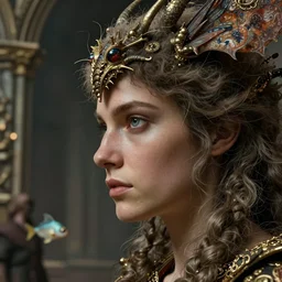 closeup profile medieval nicoletta ceccoli, mark ryden, lostfish, hyung tae, frank frazetta, face portrait of fuzzy kaiju moth dragons, depth of field, detailed and intricate gothic environment, 8 k resolution, hyperrealistic, octane render