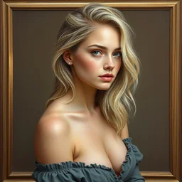 a petite blonde woman posing in a studio, oil painting, 8 k