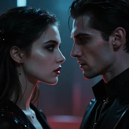 face to face to a vampire prince, portrait of a beautiful woman, high detail, partially in shadow, cyberpunk vibe, face, by gaston bussiere, bayard wu, greg rutkowski, auguste bourotte, bastien deharme, masterpiece, sharp focus, cinematic lightning