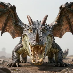 fantasy creature setting 「 all : crocodile head : : 0. 5 the head has a symmetrical horn and tumor, and there is a rhino horn at the front of the beak, and the mouth is open to reveal a mouth full of fangs with huge wings, full body 」 rich detail realistic photoreal photorealistic octane render 8 k